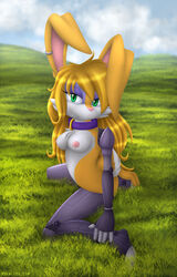 anthro breasts bunnie_rabbot color day female female_only fur furry mechanical_arm mechanical_leg mylafox nipples nude orange_fur outdoors pink_nose rabbit side_view smile solo sonic_(series) tagme white_fur