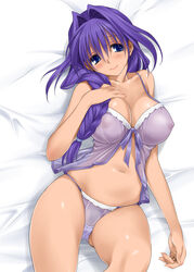 1girls akiko_minase babydoll bed blue_eyes breasts curvy female hair_intakes kanon large_breasts lingerie long_hair lying milf minase_akiko mitarashi_kousei nipples panties pubic_hair purple_hair see-through smile solo underwear