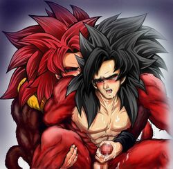 2boys abs artist_request black_hair blue_eyes blush blushing censored cum cum_outside cumshot dragon_ball dragon_ball_gt fusion gay gogeta half-closed_eyes handjob highres looking_at_another looking_pleasured male male_only metamoran_clothing multiple_boys muscles muscular muscular_male nipples red_eyeshadow red_fur red_hair red_tail saliva shiny shiny_hair shiny_skin son_goku spiky_hair spit straight_hair super_saiyan_4 tail tear tears thick thick_legs thick_thighs thigh_grab thighs tongue tongue_out vegeta yaoi