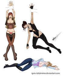 3girls areolae blonde_hair borderlands breasts breasts_out cleavage clothing crossover doppelganger_(tomb_raider) erect_nipples female female_only femsub human ignis-tzitzimime lara_croft large_breasts lilith_(borderlands) nipples panties sarah_bryant sega tomb_raider tomb_raider_(l.a.u.) virtua_fighter white_background wide_hips