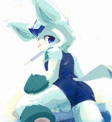 anthro back_view balls blue_eyes blush clothes color eeveelution femboy foreskin fur furry generation_4_pokemon girly glaceon looking_at_viewer looking_back male male_only mumu_(mumuxup) nintendo paws penis pokemon pokemon_(species) popsicle solo swimwear tagme testicles