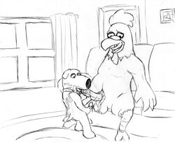 2boys anthro avian brian_griffin canid chicken collar cum cum_in_mouth cum_on_balls cum_on_body ernie_the_chicken ernie_the_giant_chicken family_guy male male/male male_only oral penis sketch tagme