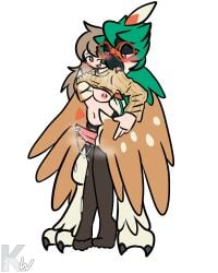 1boy 1girls anthro avian bird bodily_fluids breast_grab breasts clothed clothed_sex clothing clothing_lift cum cum_on_body decidueye ejaculation erection eye_contact eyewear female female_human female_on_anthro genital_fluids genitals glasses hand_on_breast hi_res human human_on_anthro interspecies kangwolf legwear looking_at_another looking_at_partner looking_pleasured male male/female male_anthro mammal nintendo penis pokémon_(species) pokemon sex stockings straight thigh_sex video_games