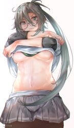 abs amagiri_(kantai_collection) asymmetrical_bangs bangs blush breasts closed_mouth cowboy_shot eyebrows_visible_through_hair female glasses grey-framed_eyewear grey_eyes grey_hair grey_skirt groin hair_between_eyes kantai_collection long_hair looking_at_viewer mani_oniniku navel oerba_yun_fang pleated_skirt ponytail ribbon school_uniform serafuku short_sleeves sidelocks signature simple_background skin_fang skirt small_breasts solo standing stomach sweat underboob undershirt undressing very_long_hair white_background