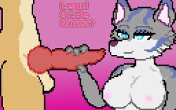 animated anthro big_breasts big_penis bodily_fluids breasts canid canine canis cum cum_in_mouth cum_inside cum_on_face digital_media_(artwork) duo eaton female genital_fluids genitals gif handjob happy lena_(lewdsidequest) lewdsidequest male male/female mammal penile penis pixel_art sex smile tongue tongue_out wolf