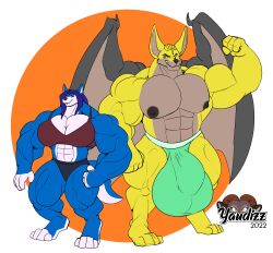 abs absurd_res anthro balls_outline bat_wings biceps big_bulge bulge canid canine canis chiropteran detailed_bulge duo female genital_outline hi_res hopey huge_bulge hyper hyper_bulge male mammal membrane_(anatomy) membranous_wings muscular muscular_anthro muscular_female muscular_male nipples thick_thighs wings wolf yaudizz