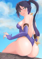 absurdres ass ass_focus bangs bare_back bare_shoulders black_hair blue_sky breasts elbow_gloves female fingerless_gloves from_behind genshin_impact gloves gold_trim green_eyes highleg highres leotard long_hair looking_at_viewer looking_back mona_(genshin_impact) nsfw_oa purple_leotard sideboob sitting sky small_breasts solo strapless strapless_leotard twintails