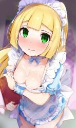 1girls adorable apron areolae blonde_hair blush breasts cum cum_on_breasts cute embarrassed eye_contact female_focus female_only game_freak green_eyes lillie_(pokemon) long_hair looking_at_viewer maid maid_headdress maid_uniform medium_breasts naked_apron nintendo nipples pokemon pokemon_sm rouka_(akatyann) solo standing tears thick_thighs thighs