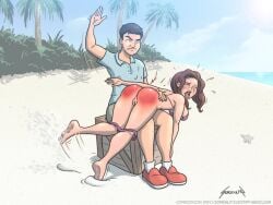 beach blue_shirt box bra breasts crying island legs_up long_hair open_mouth over_the_knee panties_down pussy sand sorenutz spanking spanking_marks