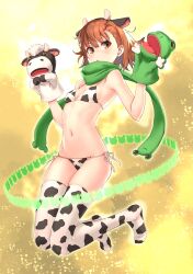 animal animal_ears animal_print bikini black_socks breasts brown_eyes brown_hair cow_ears cow_horns cow_print cow_print_bikini cow_print_thighhighs fake_animal_ears fake_horns female female_focus flower frog frog_print full_body gekota hair_flower hair_ornament hand_puppet hands_up horns looking_at_viewer midair misaka_mikoto navel print_bikini puppet raika9 scarf short_hair side-tie_bikini small_breasts socks solo swimsuit teenage_girl teenager thigh_socks thighhighs to_aru_kagaku_no_railgun to_aru_majutsu_no_index white_socks young