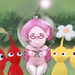 astronaut brittany_(pikmin) dangerousdave glasses gloves gloves_only k mob_face naked nature nintendo outdoors pikmin pikmin_(series) pikmin_(species) pink_hair red_pikmin shy yellow_pikmin