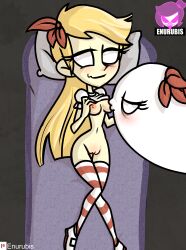 2girls abigail_carter blonde_hair blush breasts clothing don't_starve don't_starve_together exposed_breasts exposed_pussy female ghost hair half-closed_eyes highres klei_entertainment legwear long_hair lying lying_on_bed mob_face multiple_girls no_pupils norehana_art pussy simple_background striped_legwear sucking_nipples wavy_mouth wendy_carter