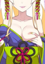 1girls 2022 areolae bare_shoulders big_breasts breasts clothed fox_girl fox_tail green_nails hair_ornament kimono kitsune lipstick long_hair morisobo multiple_tails nail_polish nipple_rub nipples one_breast_out painted_nails pink_lipstick re:zero_kara_hajimeru_isekai_seikatsu smile smiling solo standing undressing upper_body white_background white_hair yorna_mishigure