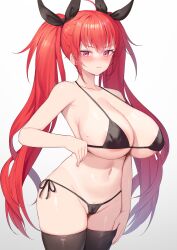 alexmaster alternate_costume areola_slip areolae azur_lane bangs bare_shoulders bikini black_bikini blush breasts cleavage clothes_pull collarbone female female honolulu_(azur_lane) huge_breasts large_areolae long_hair looking_at_viewer mole mole_on_breast red_eyes red_hair solo swimsuit tan tanline thighs twintails