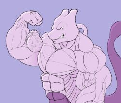 abs bodybuilder flexing flexing_bicep gay male_only mewtwo muscles muscular muscular_male nintendo non-human nude pecs pectorals pokemon pokemon_(species) pokemon_only purple_background purple_eyes ripped-saurian smile smiling solo solo_male tail triceps veins