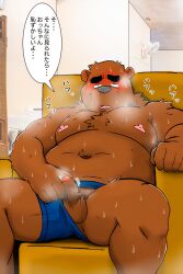 2021 2:3 anthro balls belly bodily_fluids brown_body brown_fur censored clothing edit erection fur genitals hi_res humanoid_genitalia humanoid_hands humanoid_penis japanese_text kemono male mammal moobs navel nipples overweight overweight_anthro overweight_male penis shibatanukiti sitting small_penis solo sweat text uncensored underwear ursid