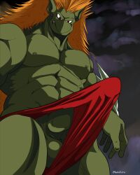 abs absurd_res alien anthro balls beak clothed clothing dragon_ball dragon_ball_super erection erection_under_clothing galloroster genitals green_body green_skin hair hi_res male male_only monster nipples orange_hair pecs penis solo