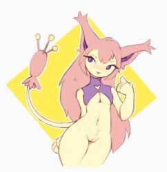 anthro blush bottomless breasts clothed clothing digital_media_(artwork) female fur furry furry_only genitals hair hi_res long_hair looking_aside mostly_nude naked navel nintendo nude peach_pussy pink_hair pokémon_(species) pokemon portrait purple_clothing purple_eyes purple_topwear pussy shy simple_background skitty small_breasts solo tail tan_body tan_fur three-quarter_portrait topwear video_games waspsalad