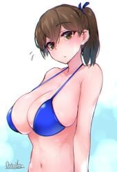 alternate_costume artist_name bangs bare_arms bare_shoulders bikini blue_bikini blush breasts brown_eyes brown_hair chromatic_aberration collarbone eyebrows_visible_through_hair female flying_sweatdrops hair_ribbon halterneck kaga_(kantai_collection) kantai_collection large_breasts looking_at_viewer mani_oniniku navel ribbon short_hair side_ponytail simple_background skindentation solo string_bikini swimsuit upper_body