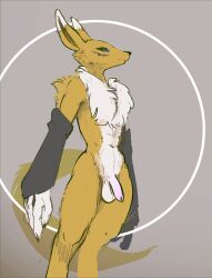 1boy abs abstract_background balls bandai_namco canid canine chest_tuft clothing colored digimon digimon_(species) digitigrade flaccid foreskin fox genitals gloves handwear hi_res male male_only male_renamon mammal mindkog nude penis portrait renamon small_waist solo standing thick_thighs three-quarter_portrait tuft wide_hips