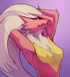 absurd_res anthro anthrofied athletic athletic_anthro athletic_female avian beak blaziken blue_eyes breasts bust_portrait cel_shading female fur gradient_background hair hands_behind_head hi_res long_hair looking_at_viewer nintendo nipples nude open_mouth pink_nipples pokemon pokemon_(species) portrait raised_arms red_body shaded simple_background small_breasts snout solo straight_hair video_games xzorgothoth yellow_sclera