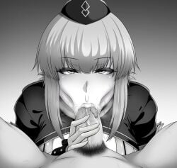 1boy 1girls :>= angry_dragon big_breasts big_penis breasts expressionless fate/grand_order fate_(series) fellatio female florence_nightingale_(fate) florence_nightingale_(trick_or_treatment)_(fate) foreskin handjob highres looking_at_viewer male nurse nurse_cap penis pov pubic_hair smegma smell stray_pubic_hair tensa-zangitsu tongue tongue_out uncircumcised