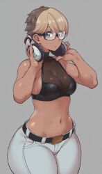 1girls 3rd_party_edit bra breasts cleavage dark_skin female female_only glasses highres looking_at_viewer ryo_agawa short_hair solo thick_thighs wide_hips