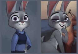 2022 after_fellatio after_oral after_sex anthro bodily_fluids canid canine clothed clothing comic cum cum_in_mouth disney duo female female_focus fox fur genital_fluids grey_body grey_fur half-closed_eyes hi_res judy_hopps lagomorph leporid looking_pleasured mammal narrowed_eyes nick_wilde nude purple_eyes qupostuv35 rabbit running_makeup smile solo_focus zootopia