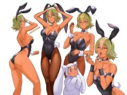 2girls alternate_costume animal_costume animal_ears armpits artist_name ass bangs bare_shoulders big_ass black_leotard breasts bunny_costume bunny_ears bunny_girl bunnysuit cleavage collarbone commentary dark-skinned_female dark_skin detached_collar fake_animal_ears fake_tail female female_only fire_emblem fire_emblem_heroes food gradient gradient_hair green_hair hair_ornament holding holding_food laegjarn_(fire_emblem) laevatein_(fire_emblem) leotard lipstick makeup medium_breasts meziosaur multicolored_hair multiple_girls multiple_views nintendo open_mouth orange_hair pantyhose pink_hair playboy_bunny rabbit_tail red_eyes shiny shiny_hair short_green_hair short_hair signature simple_background smile stockings strapless strapless_leotard tail tan_body tan_skin thighs white_background