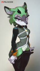 2021 anthro antilocapridae archie_comics artist_name black_nose black_pupils breasts clothed clothing clove_the_pronghorn eyelashes feliscede female female_only furry furry_female furry_only gloves green_body grey_eyeshadow horns leggings looking_at_viewer mammal mammal_humanoid mobian_(species) patreon_logo patreon_username pronghorn pulling_down_pants purple_eyes short_hair small_breasts solo solo_female sonic_(series) sonic_the_hedgehog_(archie) sonic_the_hedgehog_(comics) standing tagme white_background white_body white_gloves white_sclera