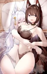 2girls absurdres amagi_(azur_lane) animal_ears azur_lane bra breasts choker cleavage cowboy_shot female fox_ears fox_girl fox_tail from_above highres hug lace lace-trimmed_bra lace-trimmed_panties lace_trim large_breasts lingerie lying multiple_girls multiple_tails on_back panties pillow samip shinano_(azur_lane) tail thighs underwear