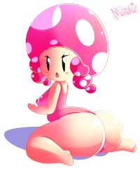 1girls angry_eyes ass backboob bare_shoulders barefoot big_ass big_butt big_thighs black_eyes breasts clothed clothing cute dat_ass female female_only kneeling light-skinned_female light_skin looking_at_viewer looking_back looking_back_at_viewer mario_(series) miss_moosie mushroom nintendo nipple_bulge nipples nipples_visible_through_clothing no_nose on_knees open_mouth pink_clothing shortstack small_breasts solo solo_female thick thick_ass thick_hips thick_thighs toadette twintails white_background wide_hips