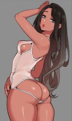 1girls 2d 3rd_party_edit areolae ass ass_cleavage black_hair blue_eyes breasts butt_crack clothed clothing dat_ass female female_only gray_background grey_background highres lipstick looking_at_viewer looking_back nipples revealing_clothes ryo_agawa see-through_clothing see-through_swimsuit solid_color_background solo solo_female standing swimsuit tan-skinned_female tan_skin