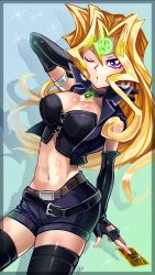 1girls 2017 black_clothing blonde_hair blue_background breasts card corset female female_only fingerless_gloves konami leather_boots leather_gloves leather_jacket long_gloves long_hair mai_valentine mind_control mkz necklace purple_eyes seal_of_orichalcos shorts sparkle stone tight_clothing yu-gi-oh!