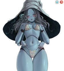 1girls blue_eyes blue_hair blue_skin blush deathbed_smalls doll doll_joints elden_ring fromsoftware monster_girl multi_arm multi_face multi_limb nyiccco ranni_the_witch shy solo underwear witch witch_costume witch_hat