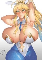 1girls animal_ears arms_behind_head arms_up artoria_pendragon artoria_pendragon_(swimsuit_ruler) barely_contained bunny_ears bunnysuit clothing curvaceous curves curvy_body curvy_female curvy_figure curvy_hips fake_animal_ears fate/grand_order fate_(series) female female_only female_solo green_eyes hi_res long_hair mature_female nobunyan_(ndns8438) overflowing_breasts plain_background simple_background white_background wide_hips