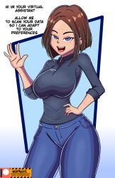 1girls big_breasts blue_eyes breasts brown_hair curvaceous curvy curvy_body curvy_female curvy_figure female female_only fully_clothed looking_at_viewer mole mole_under_eye nightmare_hdraw samsung samsung_sam short_hair smile smiling smiling_at_viewer solo thick_thighs thighhighs