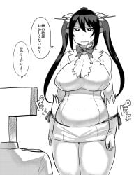 1boy annoyed belly breasts cleavage cleavage_cutout clothing_cutout cosplay dress dungeon_ni_deai_wo_motomeru_no_wa_machigatteiru_darou_ka female gloves greyscale hestia_(danmachi)_(cosplay) highres huge_breasts jitome kantai_collection long_hair monochrome nagato_(kantai_collection) overweight photoshop_(medium) plump rei_no_himo sleeveless sleeveless_dress solo_focus speech_bubble synecdoche t-head_admiral translated twintails very_long_hair