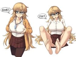 1girls 2021 4:3 absurd_res bare_arms bare_legs barefoot bespectacled between_breasts blonde_hair blue_eyes breast_focus breast_hold breast_squeeze breasts cleavage clothed clothing english_text eyebrows_visible_through_hair feet female female_only foot_fetish furi2play! glasses highres id_card jacket large_breasts leaning_back long_hair looking_at_viewer margit_hartmann mole mole_under_eye multiple_views open_clothes open_jacket open_mouth panties panty_peek pantyhose pantyshot pantyshot_(sitting) peach_(momozen) pleated_skirt shirt simple_background sitting skirt soles solo speech_bubble standing teeth text thick_thighs thighs toes tongue underwear very_long_hair white_background white_panties