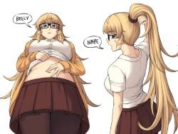 1girls 2021 4:3 absurd_res bare_arms belly belly_focus bespectacled blonde_hair blue_eyes breasts clothed clothing english_text eyebrows_visible_through_hair female female_only furi2play! glasses hand_in_hair hand_on_stomach high_ponytail highres jacket large_breasts lifted_by_self long_hair long_ponytail looking_at_viewer looking_back looking_down margit_hartmann midriff mole mole_under_eye multiple_views nape navel navel_fetish neck open_clothes open_jacket open_mouth pantyhose peach_(momozen) pleated_skirt ponytail shirt shirt_lift simple_background skirt solo speech_bubble standing stomach text thick_thighs thighs tied_hair tongue very_long_hair white_background