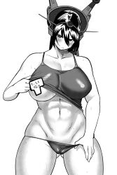 :< abs blush breasts censored clothes_lift curvy female greyscale headgear highres kantai_collection large_breasts monochrome nagato_(kantai_collection) navel panties panty_pull photoshop_(medium) shirt_lift skin_tight solo spaghetti_strap sweat synecdoche thick_thighs thighs translated underboob underwear