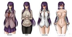 1girls breasts curtain_call_challenge doki_doki_literature_club embarrassed embarrassed_female embarrassed_naked_female embarrassed_nude_female enf female genkun gnyrkd half_naked naked naked_female nude nude_female purple_eyes purple_hair pussy sweater thick_thighs uniform yuri_(doki_doki_literature_club)