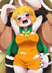 1boy 1boy1girl 1girls animal_humanoid arm_grab arms_behind_back arms_behind_head arms_up blonde_hair blush breasts bunny_girl carrot_(one_piece) crying crying_with_eyes_open dagasi female imminent_rape male nipple_bulge nipple_slip nipples_visible_through_clothing one_piece open_mouth pussy_juice rabbit rape red_eyes restrained ripped_clothing tears white_body white_fur white_skin