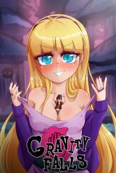 1boy 1girls between_breasts blush catherine_(game) catherine_cover_parody cleavage dipper_pines elchasconsito excited giantess gravity_falls macro/micro pacifica_northwest parody shrunk smooth_skin