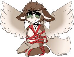 1boy anthro bandage_on_face body_fur canid canine chest_scar choker collar ear_piercing erection eyebrow_piercing facial_piercing fennec fluffy_fur fluffy_tail fox green_blush green_eyes heart_(marking) heart_choker invalid_tag jewelry male male_only mammal necklace olivershiny penis piercing ribbons scar solo wings wrapped