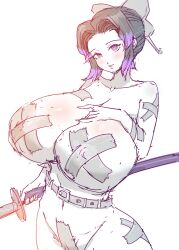 alternate_breast_size belt big_breasts black_hair butterfly_hair_ornament chiroru covered_nipples demon_slayer duct_tape enormous_breasts female female_only huge_breasts katana kimetsu_no_yaiba kochou_shinobu looking_at_viewer maebari massive_breasts pasties pussy_pasty restricted_palette sketch smile solo sword tape two_tone_hair