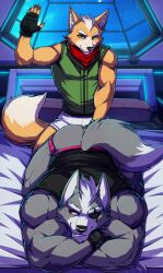 absurd_res anthro biceps big_muscles canid canine canis clothed clothing drks duo fox fox_mccloud fur gay hi_res male male/male male_only mammal muscular muscular_anthro muscular_male nintendo obedience panties spanking star_fox submissive submissive_male underwear video_games wolf wolf_o'donnell