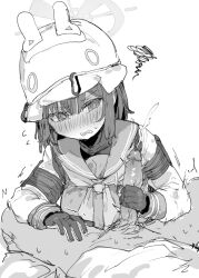 013_(hamsasuke) 1boy blue_archive blush clenched_teeth cum ejaculation erection female flying_sweatdrops gloved_handjob gloves greyscale hair_between_eyes halo handjob helmet highres long_sleeves looking_at_penis monochrome neckerchief penis projectile_cum rabbit_squad_(blue_archive) sailor_collar saki_(blue_archive) simple_background solo_focus squiggle srt_special_academy_student straight teeth uncensored white_background