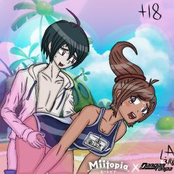 asahina_aoi beach blue_eye blue_hair blush brown_hair danganronpa digital doggy_style male_on_female miitopia outdoors romantic saihara_shuuichi straight_hair swimsuit tanned_female tears_of_joy