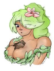 1girls big_breasts breasts brown_eyes cute dark-skinned_female dryad dryad_(terraria) female female_only green_hair half_dressed half_naked half_nude plant plant_girl tanaticarts terraria